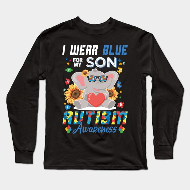 Elephant I Wear Blue For My Son Autism Awareness Month Mom Dad Long Sleeve T-Shirt by GShow